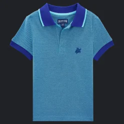 New Vilebrequin Boys Changing Cotton Pique Polo Shirt Solid Azure/Blue