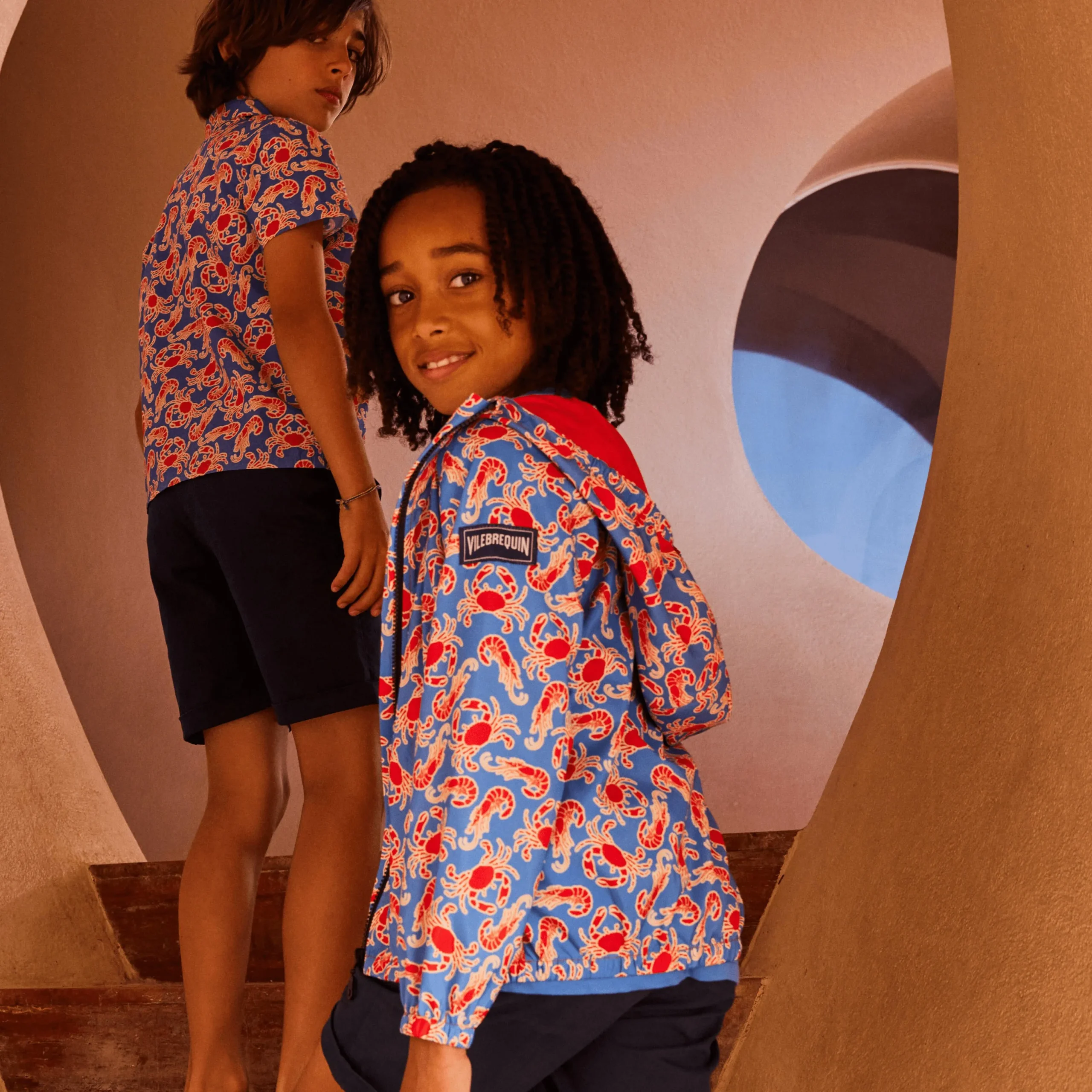 New Vilebrequin Boys Shirt Crabs & Shrimps Earthenware/Blue