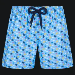 Shop Vilebrequin Boys Stretch Swim Trunks Micro Ronde Des Tortues Rainbow Divine/Blue
