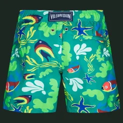 Fashion Vilebrequin Boys Swim Trunks Ultra-Light And Packable Naive Fish Emerald/Green