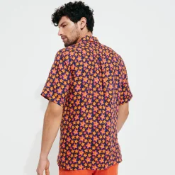 Fashion Vilebrequin Men Bowling Linen Shirt Stars Gift Navy/Blue