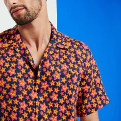 Fashion Vilebrequin Men Bowling Linen Shirt Stars Gift Navy/Blue