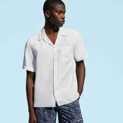Hot Vilebrequin Men Bowling Shirt Linen Solid White/White