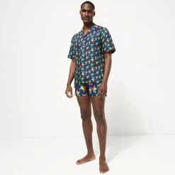 Clearance Vilebrequin Men Bowling Shirt Linen Tortues Rainbow Multicolor - X Kenny Scharf Navy/Blue