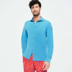 Cheap Vilebrequin Men Changing Cotton Pique Shirt Azure/Blue