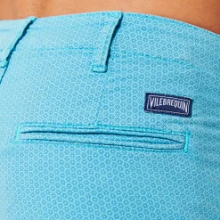 Fashion Vilebrequin Men Cotton Printed Bermuda Shorts Micro Flower Lagoon/Blue
