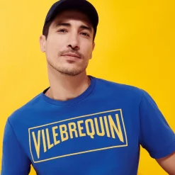 Hot Vilebrequin Men Cotton T-Shirt Logo Flocked Sea Blue/Blue