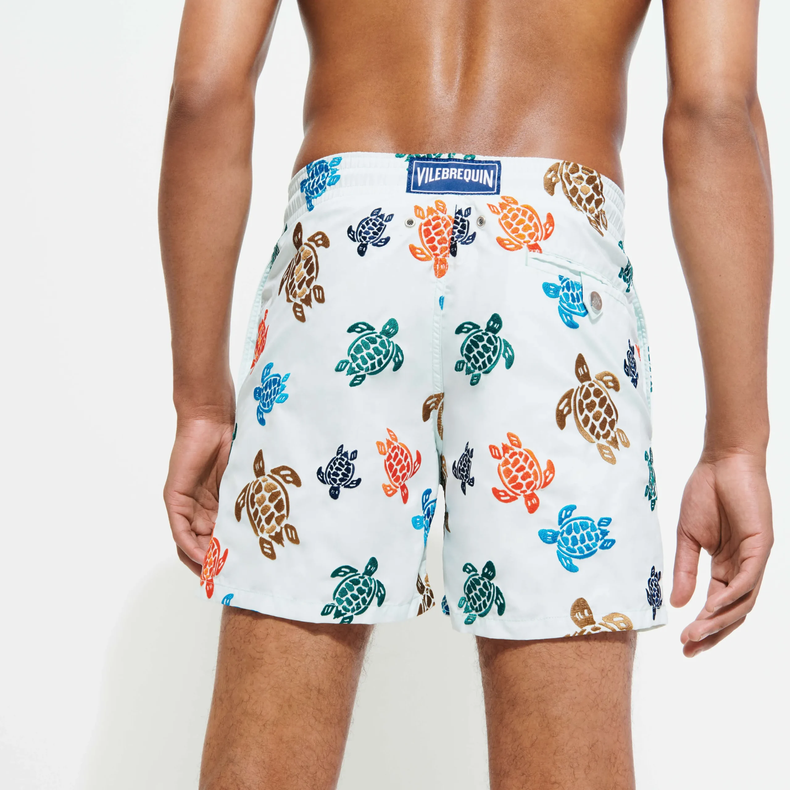 New Vilebrequin Men Embroidered Swim Trunks Ronde Des Tortues - Limited Edition Glacier/Blue