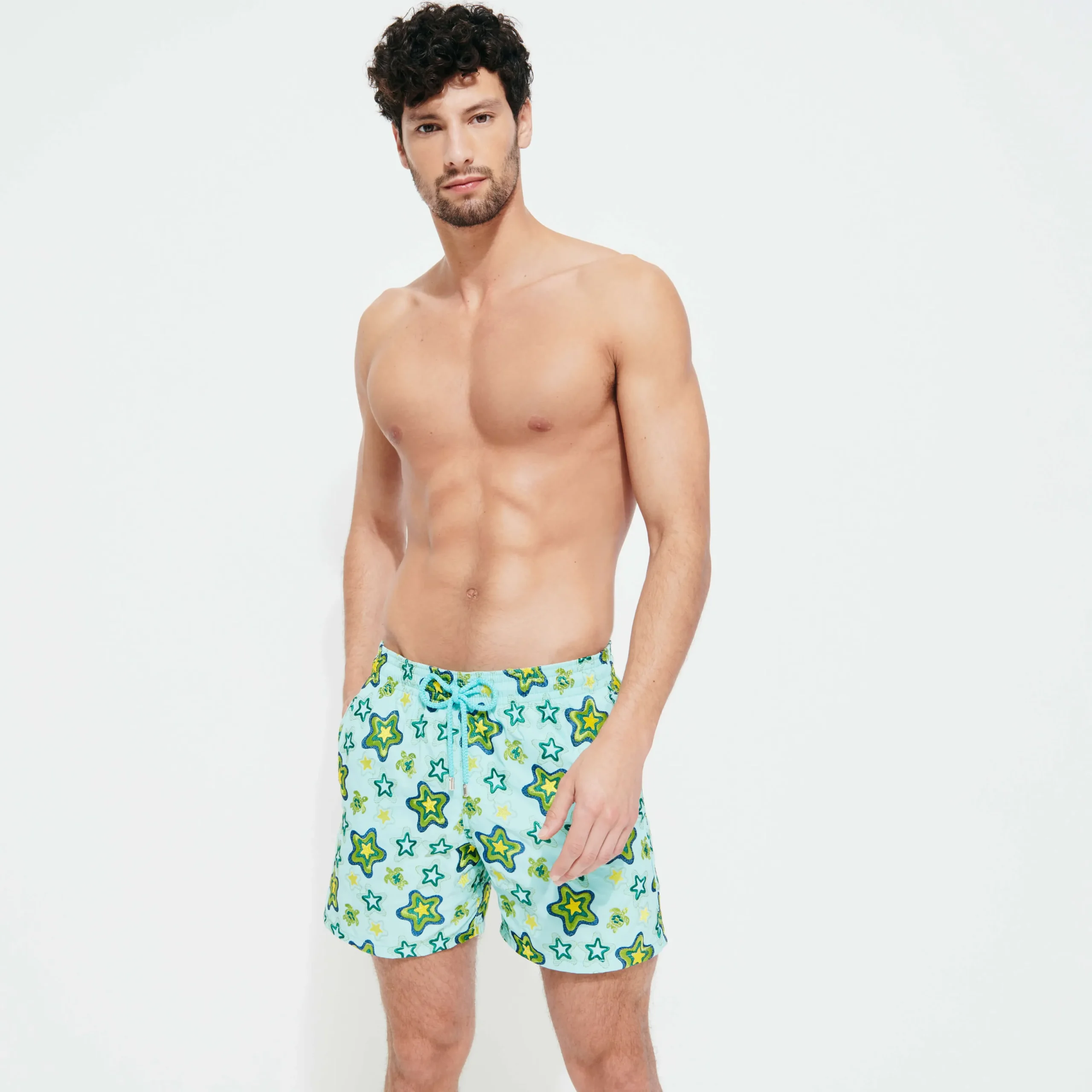 Shop Vilebrequin Men Embroidered Swim Trunks Stars Gift - Limited Edition Lagoon/Blue