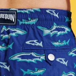 Cheap Vilebrequin Men Embroidered Swim Trunks Requins 3D - Limited Edition Purple Blue/Blue
