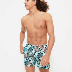 Clearance Vilebrequin Men Flat Belt Stretch Swim Trunks Screen Turtles Lagoon/Blue