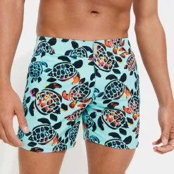 Clearance Vilebrequin Men Flat Belt Stretch Swim Trunks Screen Turtles Lagoon/Blue