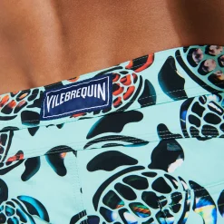Clearance Vilebrequin Men Flat Belt Stretch Swim Trunks Screen Turtles Lagoon/Blue