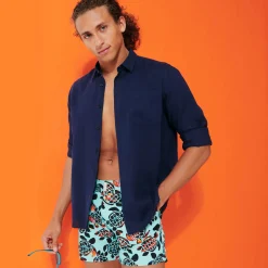 Clearance Vilebrequin Men Flat Belt Stretch Swim Trunks Screen Turtles Lagoon/Blue