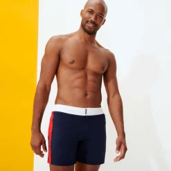 Best Vilebrequin Men Flat Belt Stretch Swim Trunk Tricolor Navy/Blue