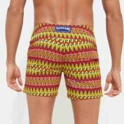 Online Vilebrequin Men Flat Belt Stretch Swim Trunks Fish On Line Burgundy/Red