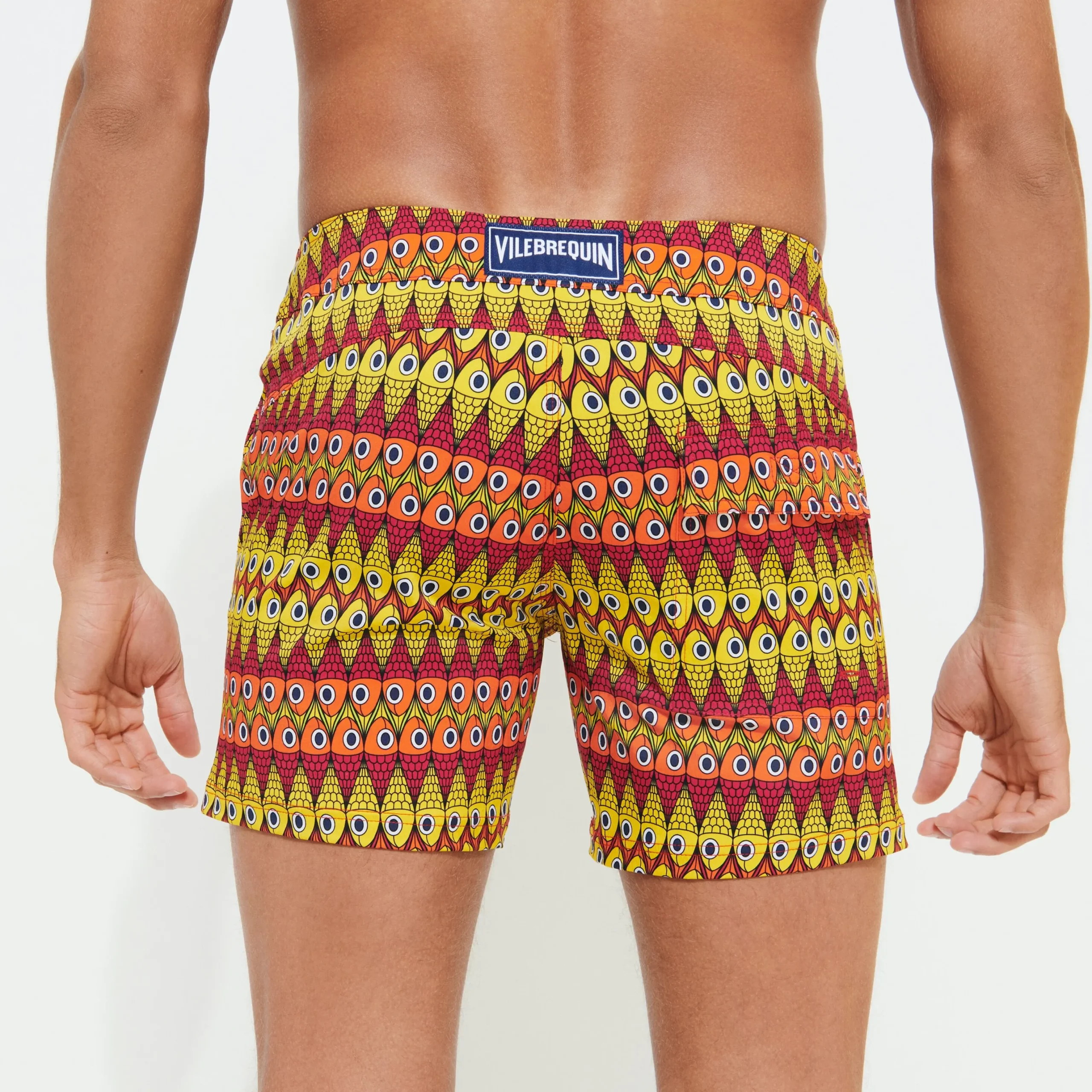 Online Vilebrequin Men Flat Belt Stretch Swim Trunks Fish On Line Burgundy/Red
