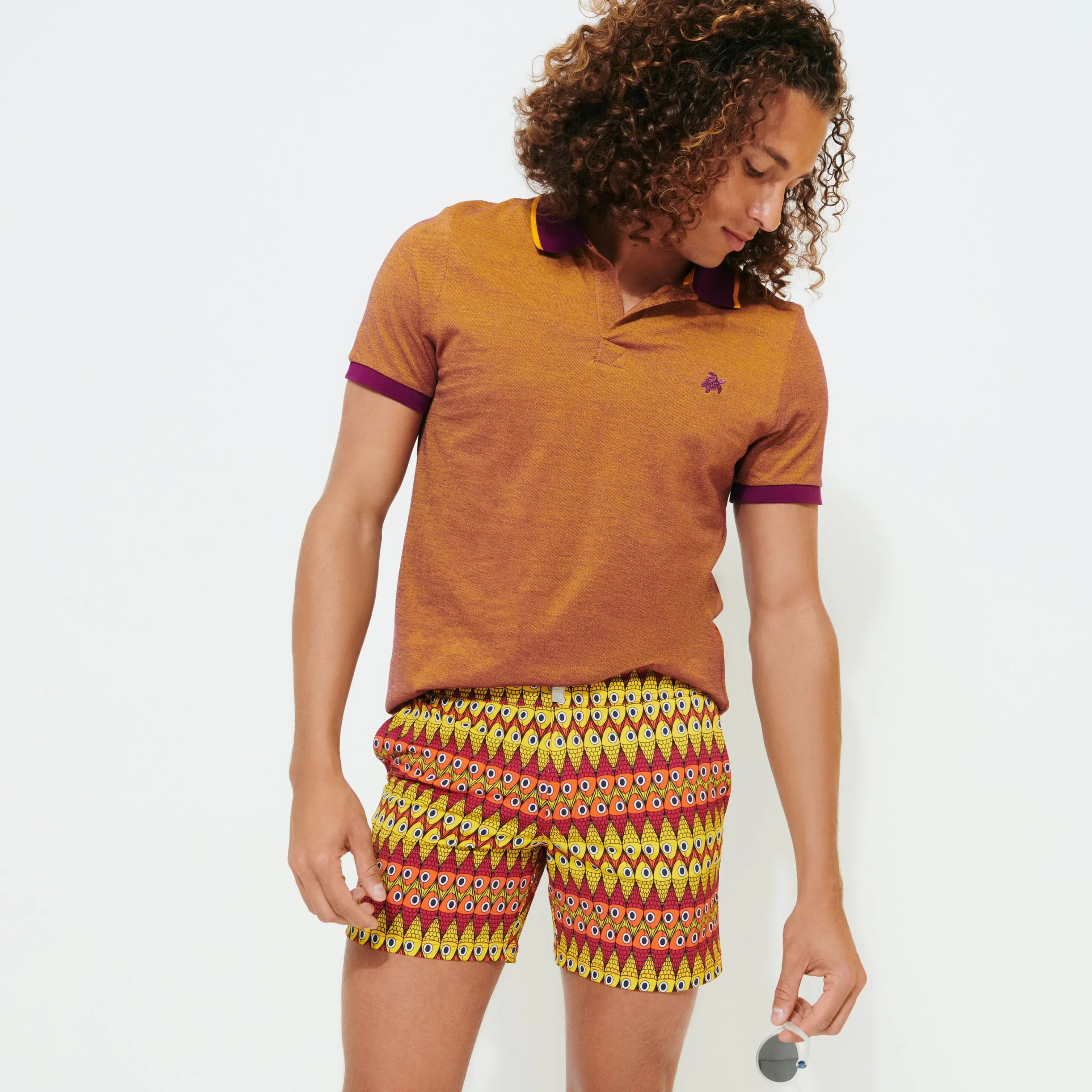 Online Vilebrequin Men Flat Belt Stretch Swim Trunks Fish On Line Burgundy/Red