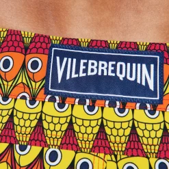 Online Vilebrequin Men Flat Belt Stretch Swim Trunks Fish On Line Burgundy/Red