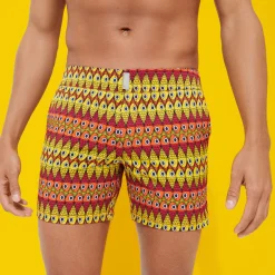 Online Vilebrequin Men Flat Belt Stretch Swim Trunks Fish On Line Burgundy/Red