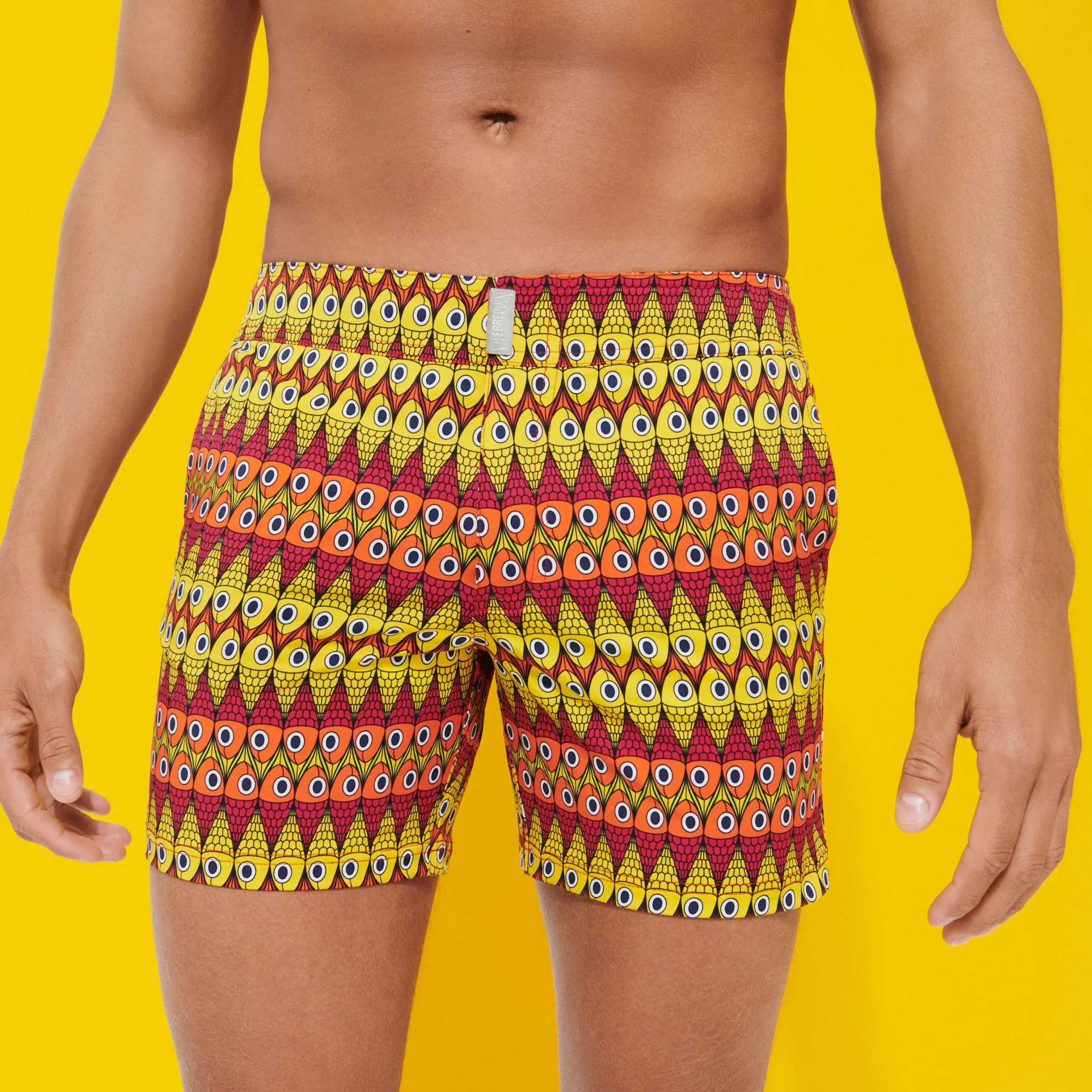 Online Vilebrequin Men Flat Belt Stretch Swim Trunks Fish On Line Burgundy/Red