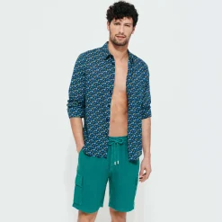 Cheap Vilebrequin Men Linen Bermuda Shorts Cargo Pockets Linden/Green