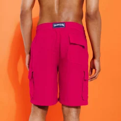 Sale Vilebrequin Men Linen Bermuda Shorts Cargo Pockets Burgundy/Red