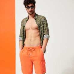 Shop Vilebrequin Men Linen Bermuda Shorts Cargo Pockets Guava/Orange