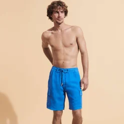 Store Vilebrequin Men Linen Bermuda Shorts Cargo Pockets Earthenware/Blue