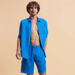 Store Vilebrequin Men Linen Bermuda Shorts Cargo Pockets Earthenware/Blue