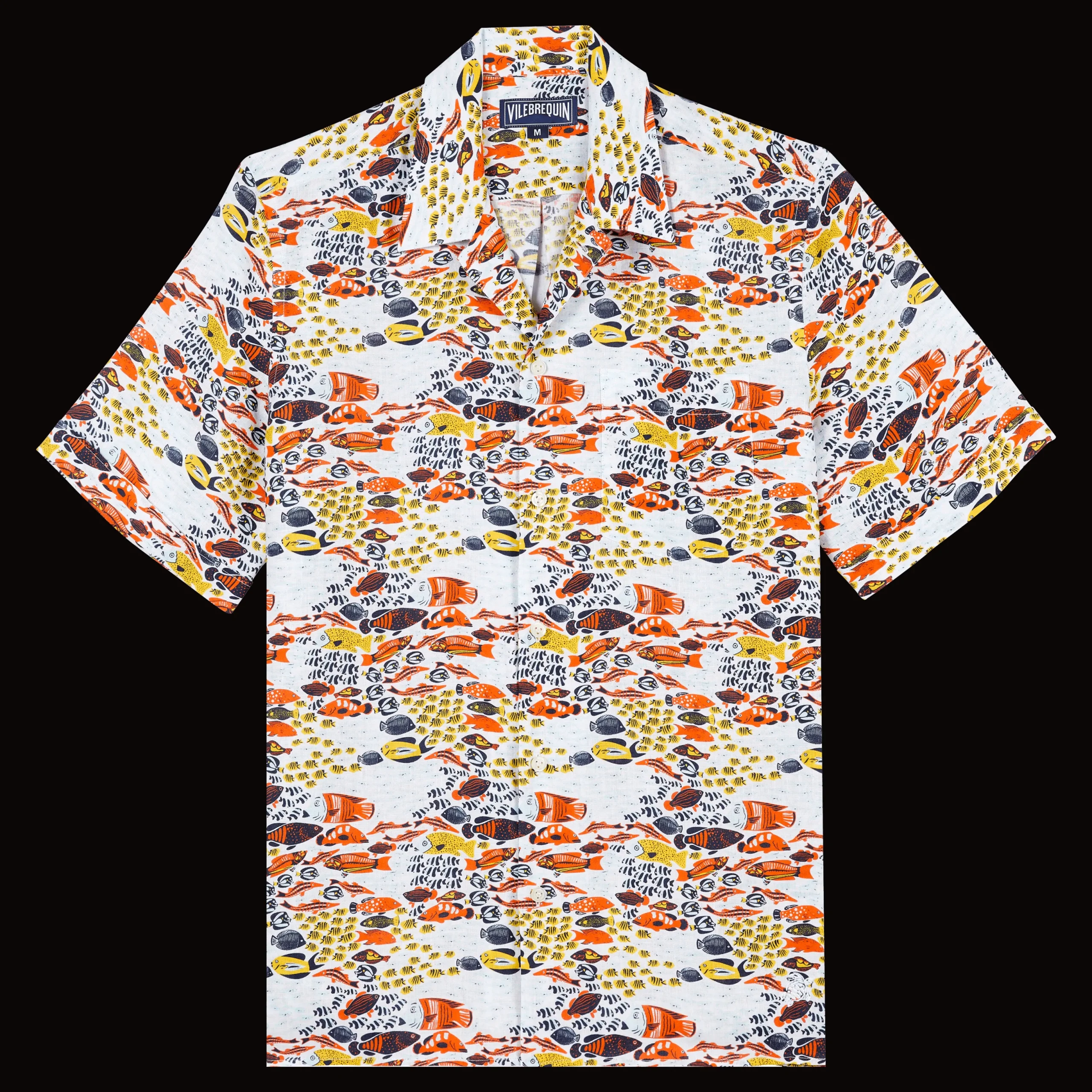 Sale Vilebrequin Men Linen Bowling Shirt Fish Family White/White