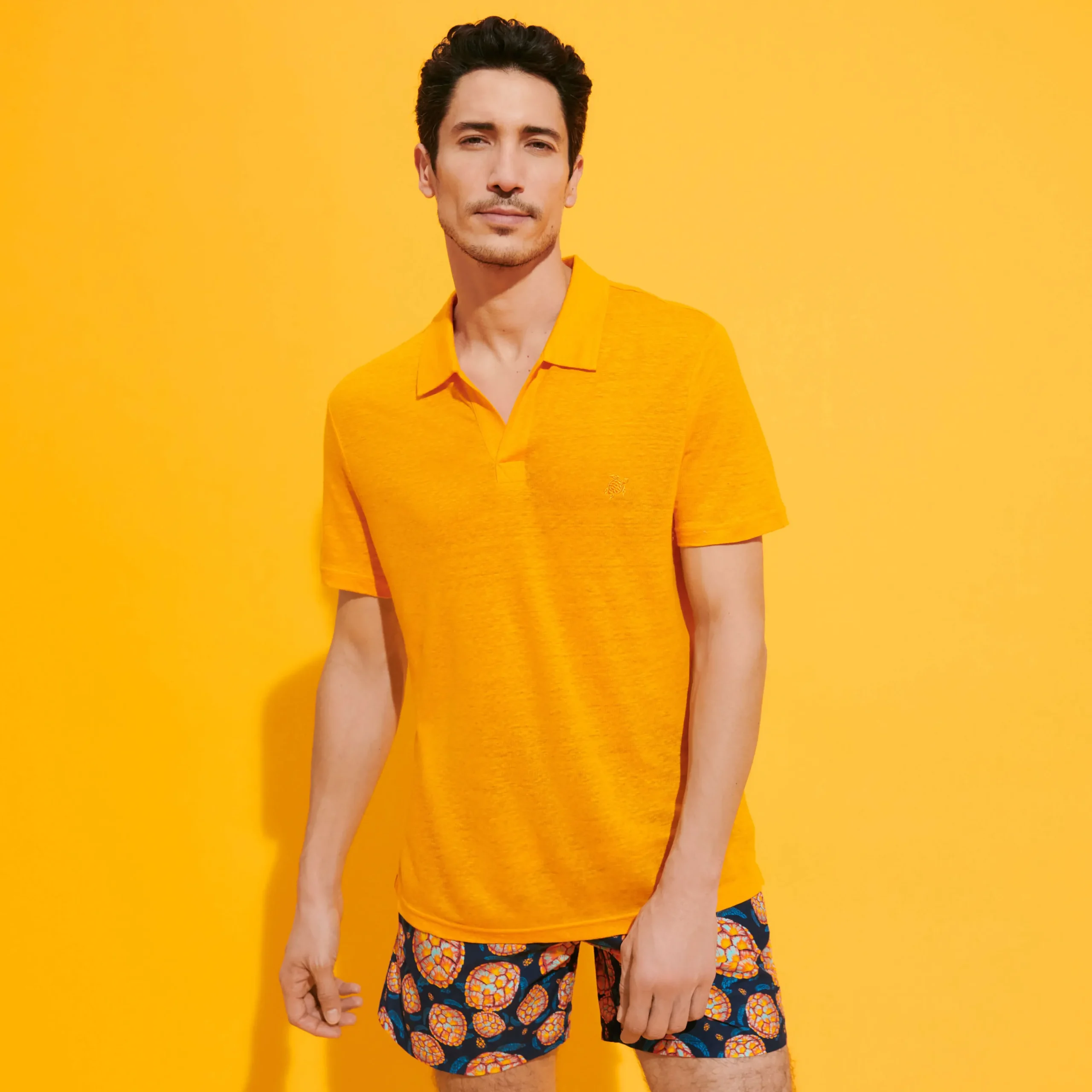 Clearance Vilebrequin Men Linen Jersey Polo Shirt Solid Carrot/Orange