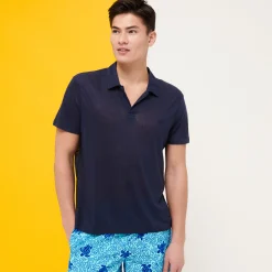 Shop Vilebrequin Men Linen Jersey Polo Shirt Solid Navy/Blue