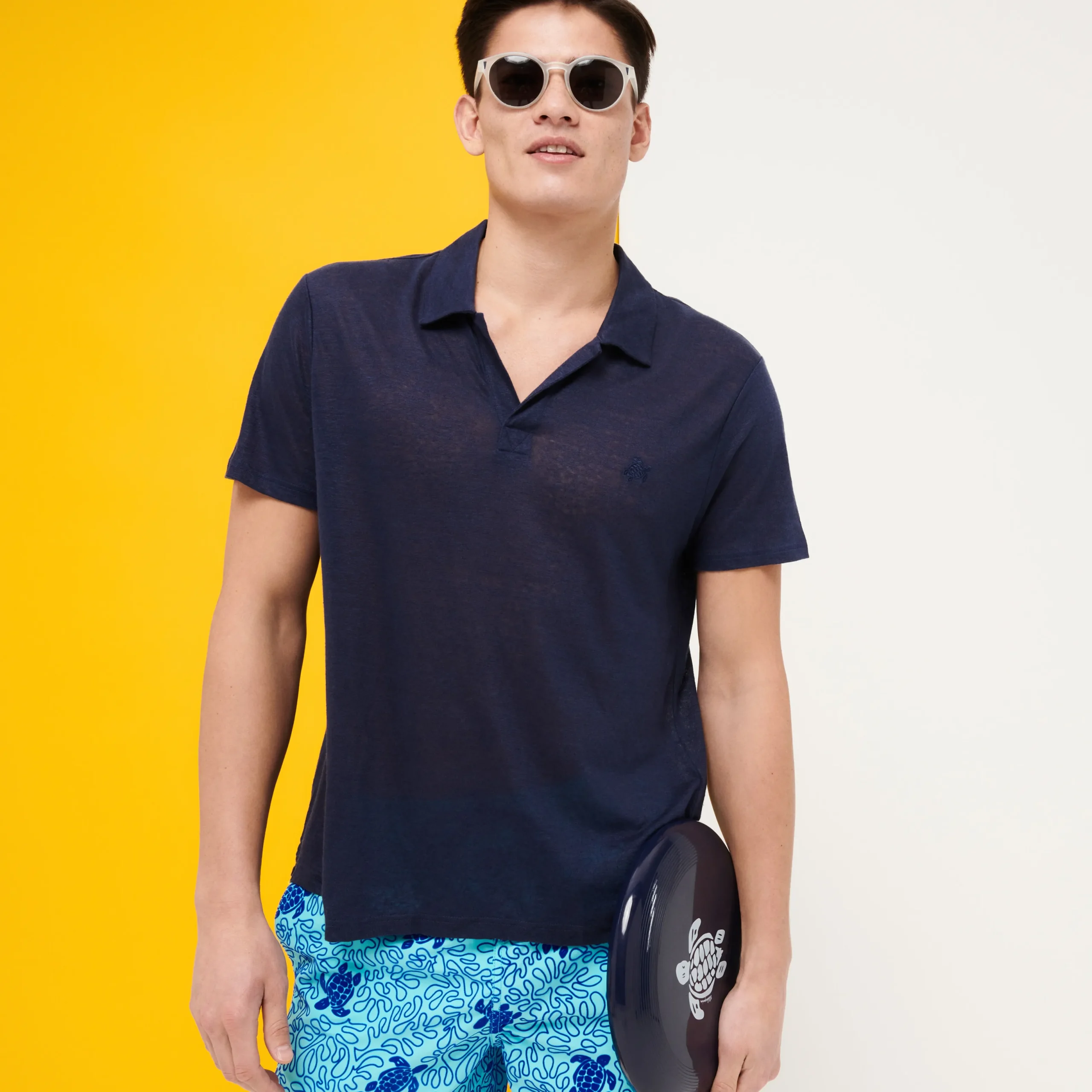 Shop Vilebrequin Men Linen Jersey Polo Shirt Solid Navy/Blue