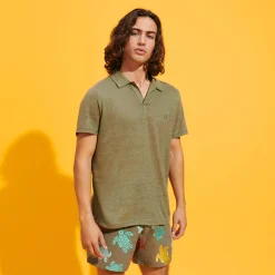 Shop Vilebrequin Men Linen Jersey Polo Shirt Solid Olivier/Green