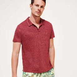 Hot Vilebrequin Men Linen Jersey Polo Shirt Solid Heather Burgundy/Red