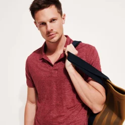 Hot Vilebrequin Men Linen Jersey Polo Shirt Solid Heather Burgundy/Red