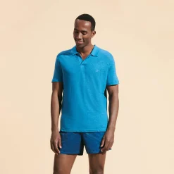 Best Vilebrequin Men Linen Jersey Polo Shirt Solid Calanque/Blue