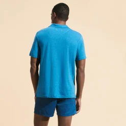 Best Vilebrequin Men Linen Jersey Polo Shirt Solid Calanque/Blue