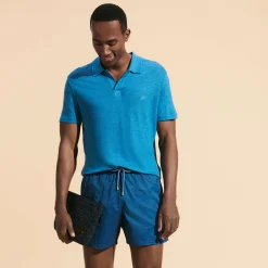 Best Vilebrequin Men Linen Jersey Polo Shirt Solid Calanque/Blue