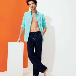 Cheap Vilebrequin Men Linen Pants Solid Navy/Blue