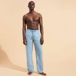 Hot Vilebrequin Men Linen Pants Solid Mineral Dye Source/Blue