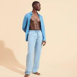Hot Vilebrequin Men Linen Pants Solid Mineral Dye Source/Blue