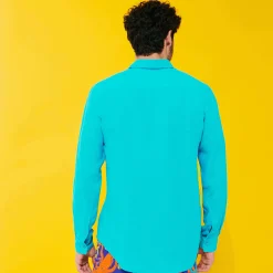 Best Vilebrequin Men Linen Shirt Solid Curacao/Blue
