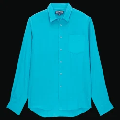 Best Vilebrequin Men Linen Shirt Solid Curacao/Blue