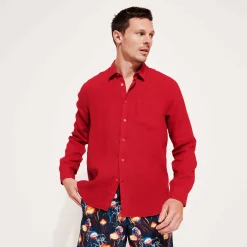 Online Vilebrequin Men Linen Shirt Solid Burgundy/Red