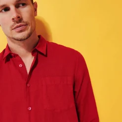 Online Vilebrequin Men Linen Shirt Solid Burgundy/Red