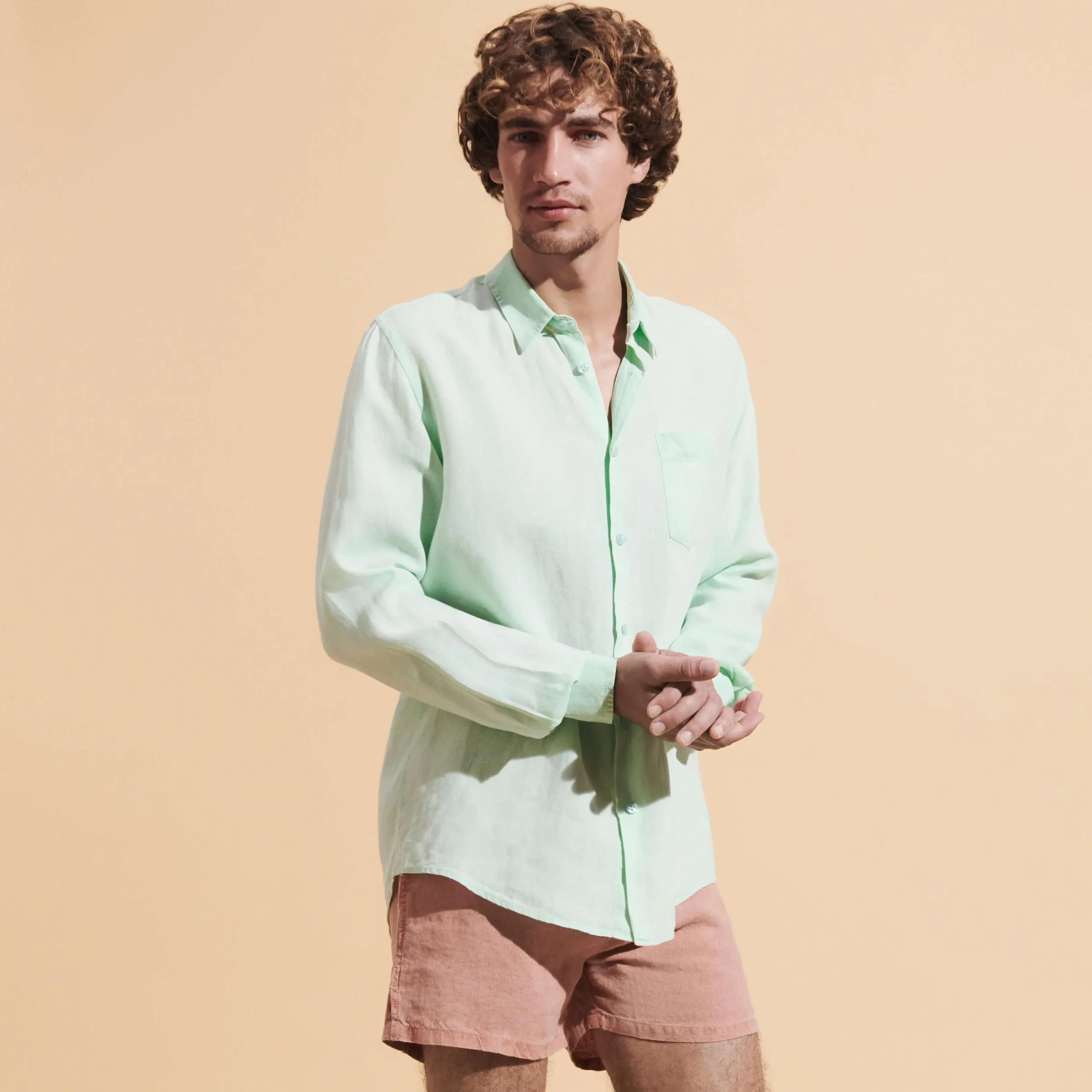 Shop Vilebrequin Men Linen Shirt Solid Water Green/Green