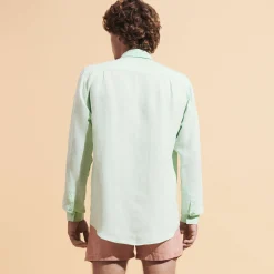 Shop Vilebrequin Men Linen Shirt Solid Water Green/Green