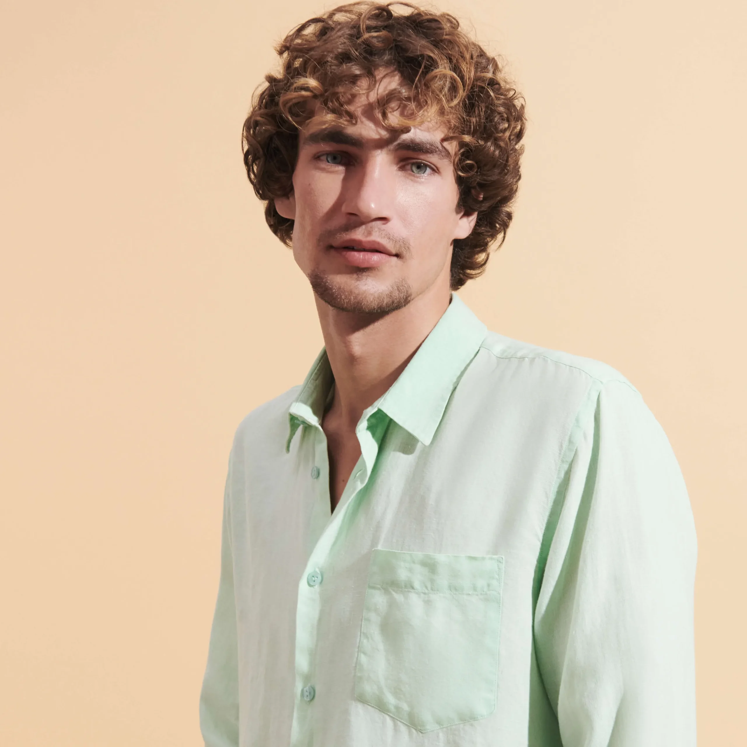 Shop Vilebrequin Men Linen Shirt Solid Water Green/Green